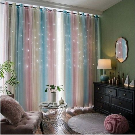 (Poudre bleue)2 Pièces Rideaux Chambre-L132 sur H243 cm-Rose et Bleu Couleurs Dégradé Etoiles Perforées-Rideau Occultant avec Blanc Voilages (1/4)