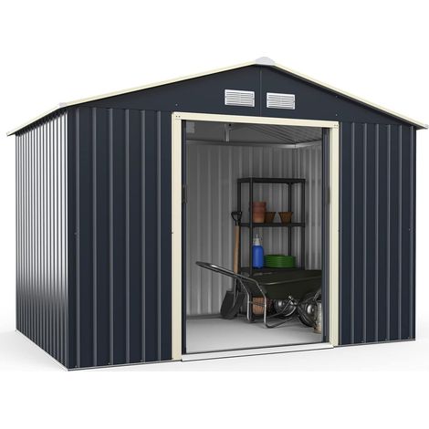 Costway – Abri de jardin métal 5,29㎡ – Dimensions 277 x 191 x 202 cm – 2 portes coulissantes verrouillables – 4 trous d’aération gris pour vélo (1/5)