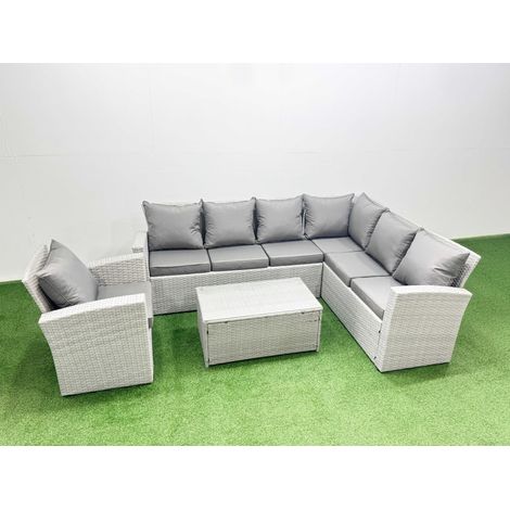 Fimous Garden Outdoor PE Rattan Furniture Set 7 Seater Rattan Garden Sofa Set with Big Footstool Light Grey Mixed (1/4)