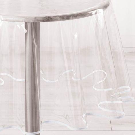 Nappe cristal ronde - Décor Ligne - 180 x 180 cm - PVC transparent - Biais coloré - Lavable à la main