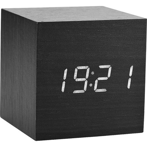 Elektronischer Digitalwecker aus Holz, 6 x 6 x 6 cm, mit LED-Temperaturanzeige und Sprachsteuerung, Schwarz (1/3)