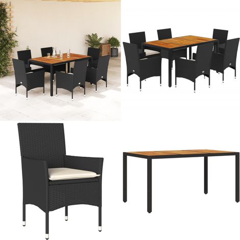 7-tlg. Garten-Essgruppe mit Kissen Schwarz Poly Rattan Akazie - Gartenmöbel Set - Outdoor Möbel - Esstisch - Gartenstühle - Rattan Gartenmöbel - Home & Living