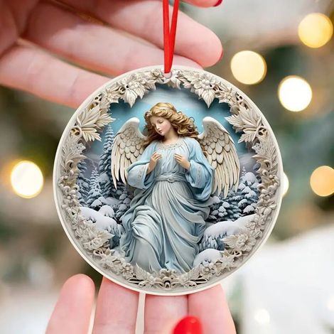 Décoration En Bois Ange - Ronde 8 cm - Pour Arbre De Noël, Rétroviseur Automobile, Porte-Clés - Lot De 1 (1/5)