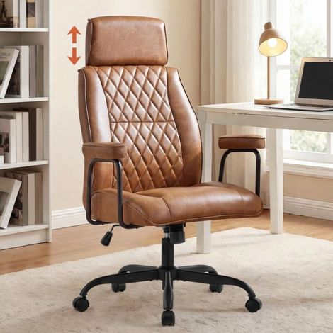 Fauteuil de bureau ergonomique avec appui-tête réglable, en similicuir, avec dossier inclinable et hauteur réglable, pivotant, marron. (1/3)