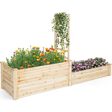 COSTWAY Cama Elevada de Jardín de 2 Niveles, Macetero de Madera con Enrejado y Fondo Abierto Cultivo de Flores, Plantas y Hierbas, Cantero Rectangular para Patio 223 x 64 x 134cm (1/5)
