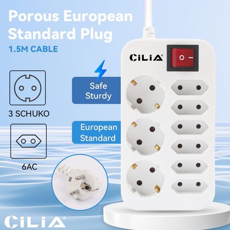 Multiprise CILIA 9 en 1 (3 prises Schuko + 6 prises européennes) avec interrupteur lumineux, sécurité enfant, puissance maximale de 3 680 W, câble de 1,5 m, format compact pour la maison ou le bureau, (1/5)