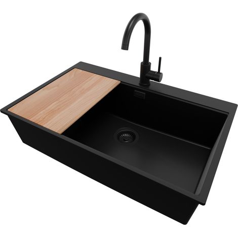 PRIMAGRAN Evier Cuisine en Granit 78x50cm, Lavabo 1 bac + Robinet 32x20cm + Kit de Vidage + Accessoire, Évier à Encastrer au meuble 80cm - Oslo, Tout Noir (1/5)