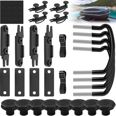 4 Pinces Fixation Coffre de Toit en U avec 8 Écrous de Blocage Robustes & 2 Bandages, Supports Attache Boulons en U Universels, Accessoires de Montage Bagages de Toit Van pour Voiture et Fourgonnette (1/5)