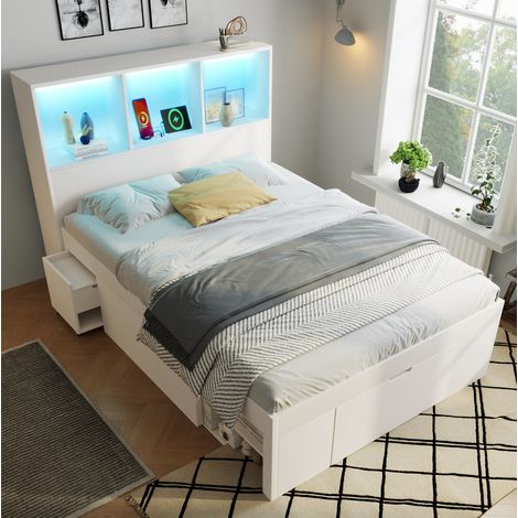 Cama dormitorio con almacenaje y mesilla móvil blanca OKMYHOME (1/5)