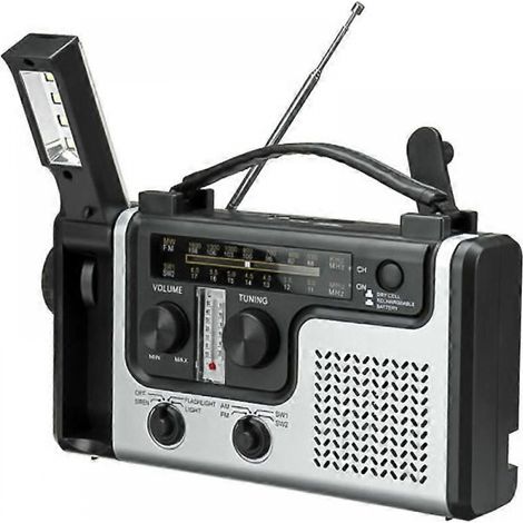 Radio solaire multifonctionnelle, portable FM/AM avec haut-parleur intégré, compatible avec une lampe torche LED d'urgence et une lampe de bureau. (1/5)