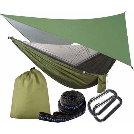 Hamac avec Moustiquaire et Bâche et Sangles 200kg Capacité de Charge 290 x 140 cm Hamac Double en Nylon Respirant pour Jardin Exterieur Voyage Randonnée Camping - Armée Verte (1/5)