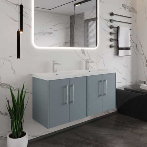 Hudson Reed Juno Matt Coastal Grey 1200mm Wall Hung 4 Door Vanity Unit and Twin Polymarble Basins - JNU2323C (1/5)