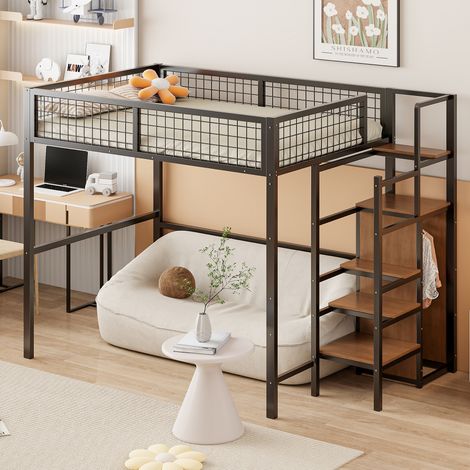 Cama Alta, Cama Doble con Escalera y Armario, 140×200 cm, sin Colchón, en Metal, Negro