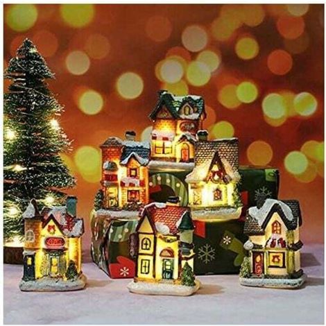 Decoration Village Noel Lumineux, 5 Pcs Decoration Noel Interieur Village Miniature, LED Maison de Noel Flocons de Neige kit, Deco de Noel Village Paysages en Résine Décoration de Table Intérieur (1/5)