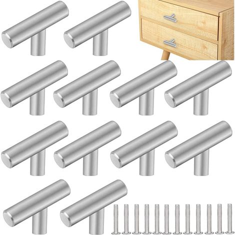 CCYKXA 12 Stück Edelstahl-Küchenschrankgriff 50 x 32 mm Möbelgriff T Silber Türknauf Einloch T-förmige Schubladenknöpfe Möbelknopf mit 12 Schrauben für Schranktürschrank, Silber