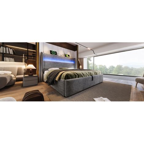 Cama cama doble con almacenaje LED USB gris OKMYHOME (1/5)