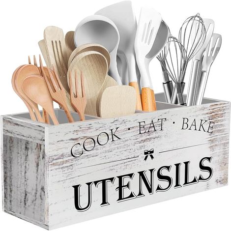 Porte-utensils de cuisine extra large avec 4 compartiments, organisateur d'utensiles en bois pour comptoir, décoration de cuisine ferme,grain blanc (1/5)