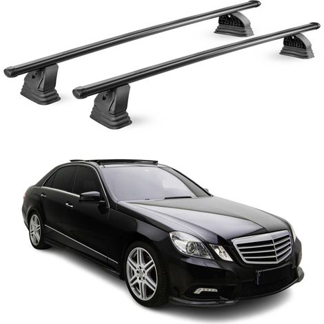OMAC Barres de toit transversales en acier pour Mercedes Classe E W212 2010-2016 – TÜV / DIN 75302:2019 – Antivol inclus – Rainure en T (accessoires) – Charge max 75 kg – 2 barres – Noir (1/4)