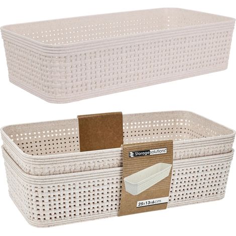 Lot de 2 paniers de rangement en plastique beige tressé 13x25cm (1/2)