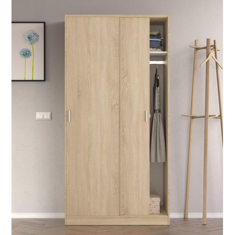 Garde-robe 2 portes Lansing, armoire de chambre, armoire avec étagère et tringle à vêtements, 100x50h200 cm, chêne (1/5)