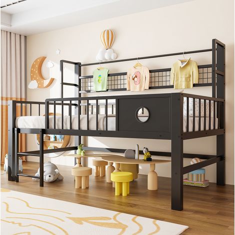 Cama alta baja infantil 90x200 cm negra de metal con barra y estante de malla (1/5)