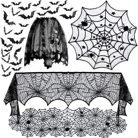 5Pcs Halloween lace decoration set, tablecloth, runner, curtains & 48 bat cutouts (1/4)
