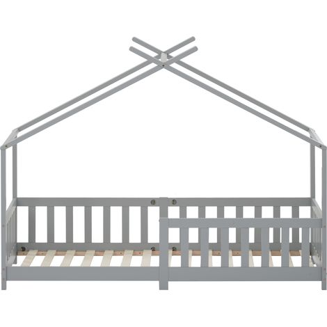 Hausbett Kinderbett mit Sicherheitsbarriere und Lattenrost 90 x 200 cm grau MODENUIT (1/5)