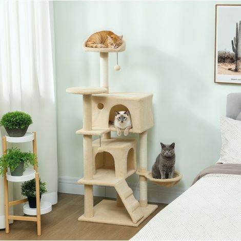 REDOM - Árbol para gatos 48x48x140 cm, caseta, hamaca, escalera, plataforma, sisal, poliéster beige (1/5)