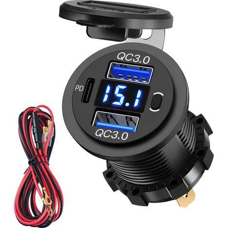 1 Prise USB Chargeur Voiture 12V 24V, Double QC3.0 PD Adaptateur Allume-Cigarette Étanche avec Voltmètre Interrupteur pour Moto RV (1/5)