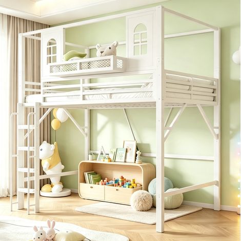 Lit mezzanine enfant 90x200 cm blanc en métal avec toit, échelle et tablette (1/5)