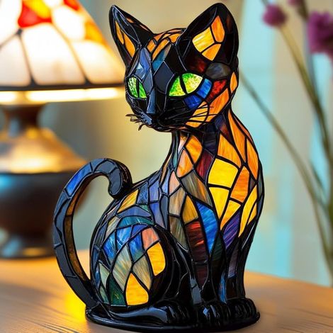 Lampe Chat, Vitrail Veilleuse Chat, RéSine ColoréE DéCoration Vintage Lampe En Forme De Chat, Table Led CréAtive DéCorative, Pour La DéCoration De La Chambre Et Du Salon (1/4)