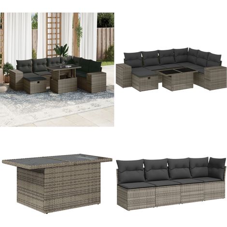 Salon de jardin 8 pcs avec coussins gris résine tressée - Ensemble Salon De Jardin - Mobilier De Jardin - Salon D'extérieur - Table Extensible - Chaise Lounge - Home & Living (1/5)