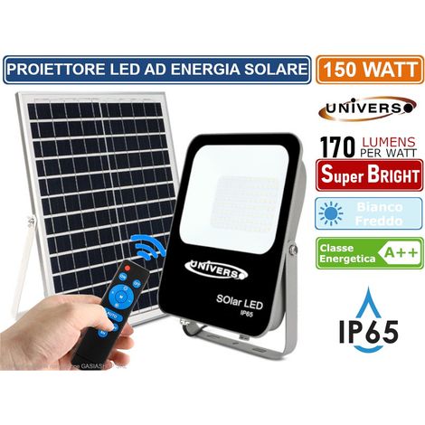 UNIVERSO FSO-150W PROIETTORE FARO LED 150W A BATTERIA CON PANNELLO SOLARE E TELECOMANDO 170 LUMENS / WATT IP65 BIANCO FREDDO 6500K (1/2)