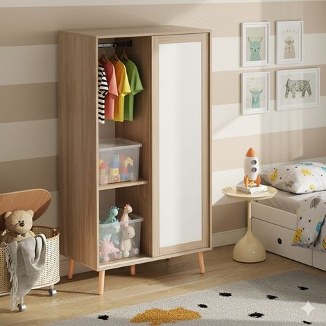 Armoire pour enfants, 80x141,5 cm, penderie à portes coulissantes avec tringle, meuble de rangement, pieds en bois massif, Blanc + bois naturel (1/5)