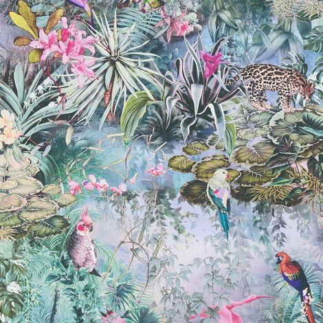 Papier peint intissé jungle colorée Tapisserie florale avec animaux Papier peint exotique multicolore style tropical idéal chambre (1/4)