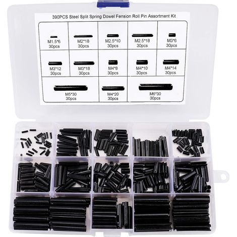 Kit de 390 pasadores elásticos, acero al manganeso, M1.5-M6, acabado de óxido negro, caja de almacenamiento, para mecánica automotriz.