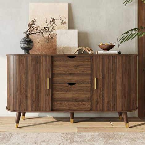 Aparador bajo de salón 140x40x79.5 cm, mueble de almacenamiento para comedor, con 2 puertas correderas, 2 cajones y esquinas redondeadas, Nogal (1/5)