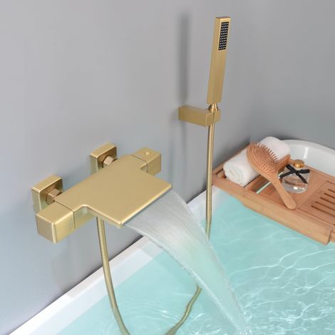 Robinet de Baignoire Thermostatique, Cascade Mitigeur Baignoire avec Douchette, Mitigeur Bain Douche Mural, Laiton, Or Brossé, 4Y4OK (1/5)
