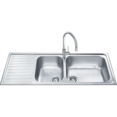 Fregadero encastrado semi-encastrable 2 cubetas y bandeja recogegotas izquierda 116x50 acero inoxidable - Smeg LGM116S (1/2)