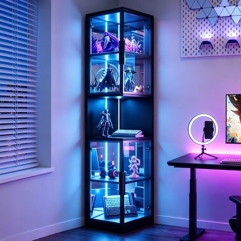 Vitrine Colonne LED 205cm Argentier avec Miroir et Double Porte en Verre Bibliothèque Meuble de Rangement et Meuble à Vin Noir pour Salon (1/5)