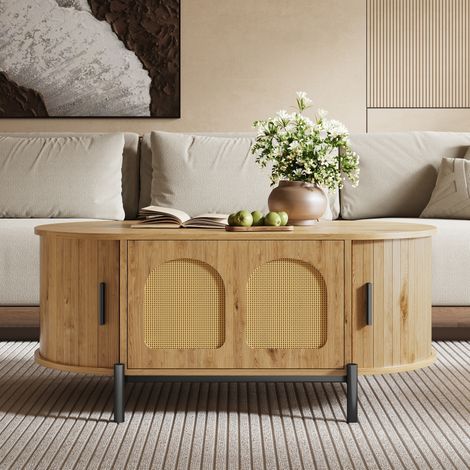 Mesa de centro ovalada de 100x50x40 cm con puertas correderas y espacio de almacenamiento, MDF efecto madera y ratán natural. (1/5)