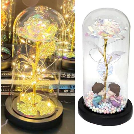 Abat-jour en verre avec fleur stabilisée rose chaude, un cadeau idéal pour la fête des Mères, Noël, la Saint-Valentin, un anniversaire ou comme objet de décoration. Fonctionne avec 3 piles AAA. (1/5)
