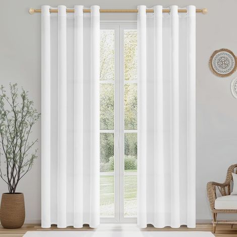 Lot de 2 Rideaux Voilage Blanc 140x240 Cm Effet Lin Oeillets Pour Salon Chambre