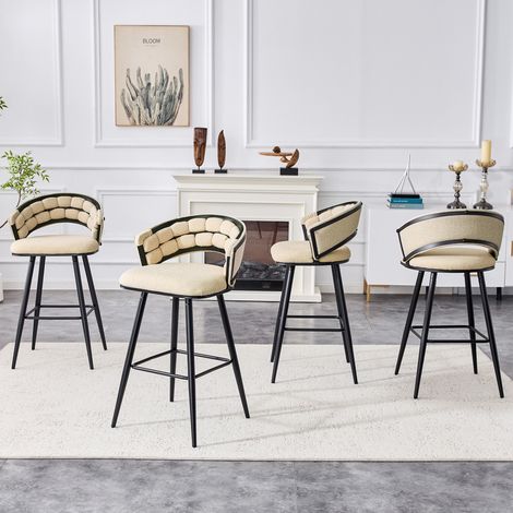 Ensemble de 4 fauteuils de bar en velours beige avec pieds en fer noir, plans de travail sur îlot de cuisine