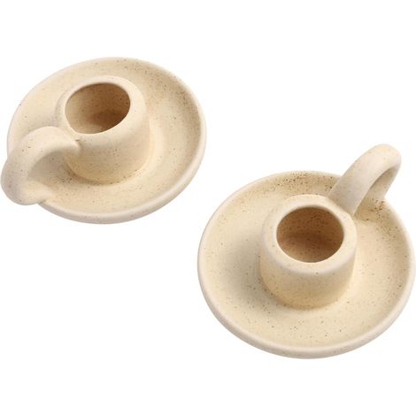 Lot de 2 bougeoirs coniques en céramique beige avec poignée, style nordique vintage, pour Halloween, Noël et décoration de bureau. (1/5)