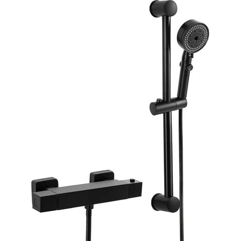 Sistema doccia a parete in acciaio inossidabile con termostato, miscelatore doccia nero con rubinetto in ceramica, set doccia monocomando con 2 modalità di flusso regolabili