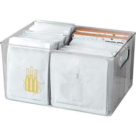 Boîte de rangement transparente avec poignée, organisateur de maquillage de bureau, contenant en plastique pour coiffeuse de chambre ou bureau. (1/4)