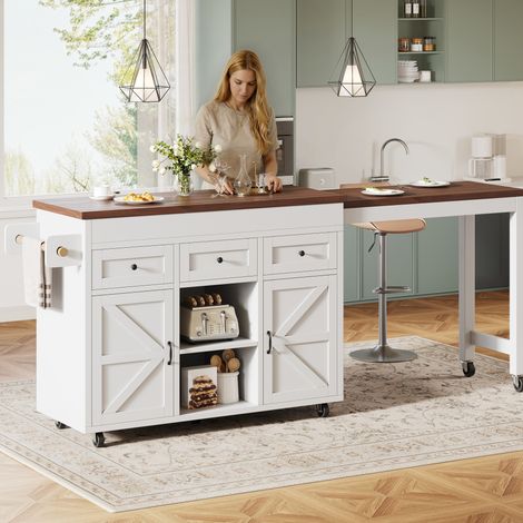 Isola da cucina 131.5-210x40x92 cm bianca in MDF con piano allungabile e rotazione 360° (1/5)