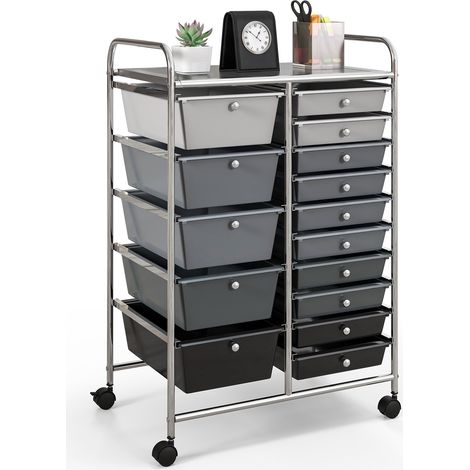 Chariot de rangement roulant 15 tiroirs noir et gris avec structure métallique, 4 roues et 2 poignées pour bureau, garage et atelier (1/5)