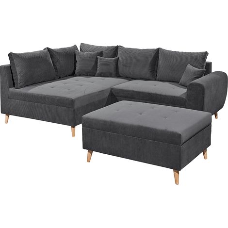 Ecksofa mit Hocker und 8 Kissen in anthrazit, L-Form mit Recamiere links, Serie CUNEO-09 (1/5)